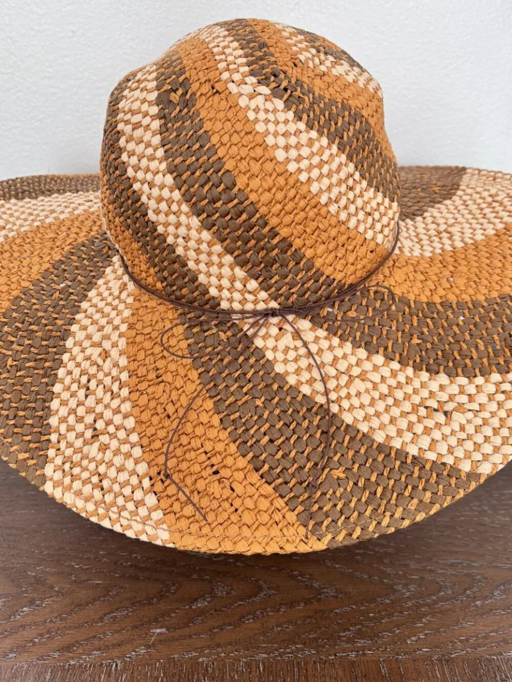 Mark. Wide Brim Straw Sun Hat Tan Brown Woven Stripe Beach Boho Chic